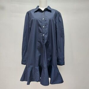 Quince Shirt Dress Women's Medium Blue 100% Organic Cotton Drop Waist Ruffle